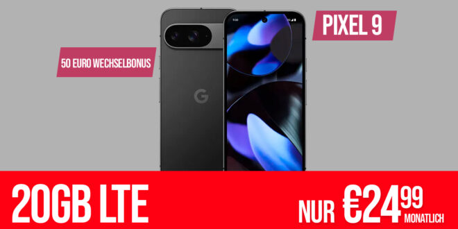 Google Pixel 9 mit Trade-In Bonus (Einsendung Altgerät) für einmalig 79 Euro (Statt 179€) mit 20GB LTE und 50 Euro Wechselbonus bei Rufnummernmitnahme nur 24.99 Euro monatlich