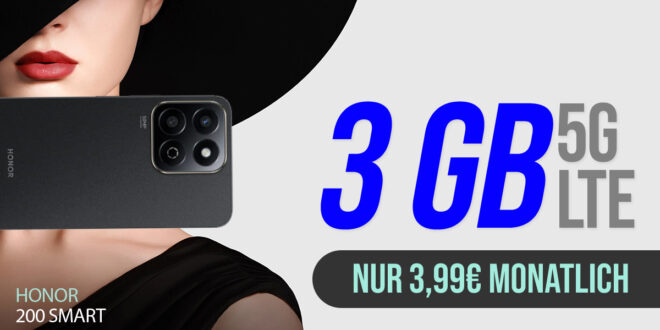 Honor 200 Smart -256GB Speicherplatz- für einmalig 1 Euro (+AG 29.99€) mit 3GB nur 3.99 Euro monatlich