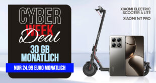 Cyber Week Deal – Xiaomi 14T Pro & Xiaomi Electric Scooter 4 Lite für einmalig 1 Euro (+AG 39.99€) mit 30GB nur 24.99 Euro monatlich