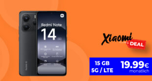 Xiaomi Redmi Note 14 mit 15GB 5G nur 19.99 Euro monatlich - 20GB 5G nur 20.99 Euro monatlich - kein Anschlusspreis