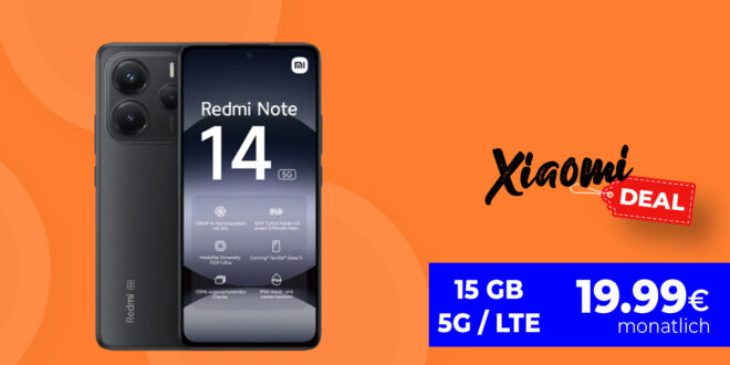 Xiaomi Redmi Note 14 mit 15GB 5G nur 19.99 Euro monatlich - 20GB 5G nur 20.99 Euro monatlich - kein Anschlusspreis