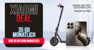 Xiaomi 14T Pro & Xiaomi Electric Scooter 4 Lite für einmalig 59 Euro (+AG 39.99€) mit 35GB und 50 Euro Wechselbonus bei Rufnummernmitnahme nur 29.99 Euro monatlich