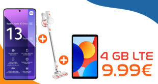 Xiaomi Redmi Note 13 Pro+ (PlusVersion) & Xiaomi Vacuum Cleaner G20 lite & Xiaomi Redmi Pad SE 8.7 für einmalig 99 Euro (+AG 39.99€) mit 4GB nur 9.99 Euro monatlich