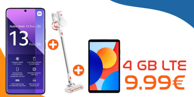 Xiaomi Redmi Note 13 Pro+ (PlusVersion) & Xiaomi Vacuum Cleaner G20 lite & Xiaomi Redmi Pad SE 8.7 für einmalig 99 Euro (+AG 39.99€) mit 4GB nur 9.99 Euro monatlich