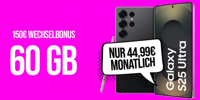 Samsung Galaxy S25 Ultra 512GB mit Gutschein-Code für einmalig 219 Euro mit 60GB Telekom und 150 Euro Wechselbonus bei Rufnummernmitnahme nur 44.99 Euro monatlich