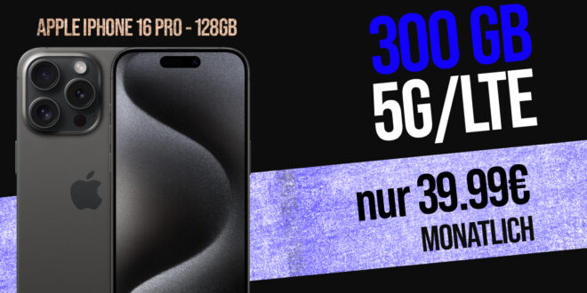 Apple iPhone 16 Pro für einmalig 299 Euro (+AG 39.99€) mit 300GB und 150 Euro Wechselbonus bei Rufnummernmitnahme nur 39.99 Euro monatlich