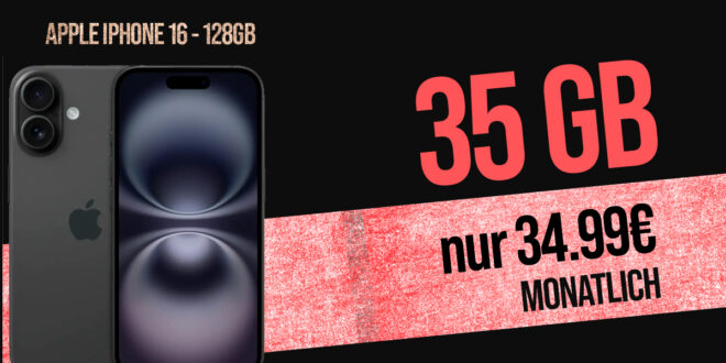 Apple iPhone 16 für einmalig 199 Euro (+AG 39.99€) mit 35GB und 200 Euro Wechselbonus bei Rufnummernmitnahme nur 34.99 Euro monatlich