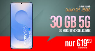 Samsung Galaxy S25 -256GB- für einmalig 189 Euro (mit Gutschein-Code) mit 30GB und 50 Euro Wechselbonus bei Rufnummernmitnahme nur 19.99 Euro monatlich