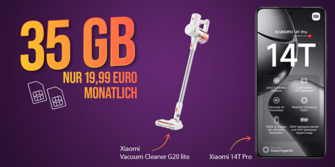 Xiaomi 14T Pro & Xiaomi Vacuum Cleaner G20 lite für einmalig 29 Euro (+AG 39.99€) mit 35GB nur 19.99 Euro monatlich