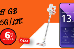 Xiaomi Redmi Note 13 Pro+ (Plus Version) -512GB- & Xiaomi Vacuum Cleaner G20 lite für einmalig 59 Euro (+AG 39.99€) mit 17GB nur 6.99 Euro monatlich