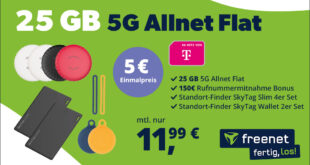 Telekom Allnet Flat 25GB 5G und 6 SkyTags & 150 Euro Bonus bei Rufnummernmitnahme nur 11.99 Euro monatlich