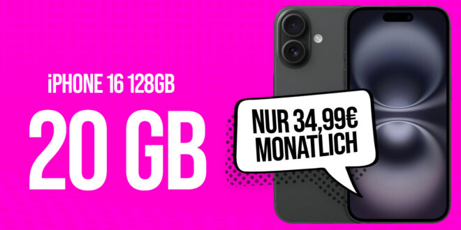 Apple iPhone 16 für einmalig 79 Euro (+AG 39.99€) mit 20GB Telekom und 100 Euro Wechselbonus bei Rufnummernmitnahme nur 34.99 Euro monatlich