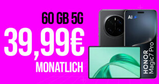 Honor Magic 7 Pro & Honor Pad X8A für einmalig 99 Euro (+AG 39.99€) mit 60GB und 50 Euro Wechselbonus bei Rufnummernmitnahme nur 39.99 Euro monatlich