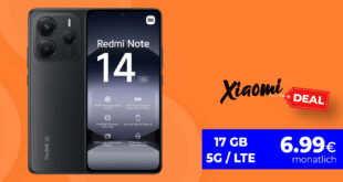 Xiaomi Redmi Note 14 5G mit 17GB 5G nur 6.99 Euro monatlich