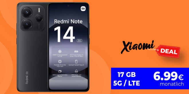 Xiaomi Redmi Note 14 5G mit 17GB 5G nur 6.99 Euro monatlich