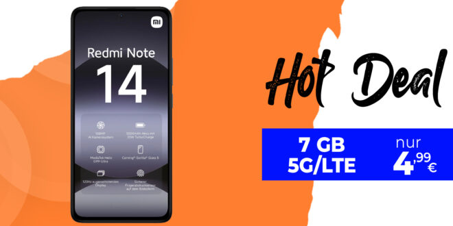 Xiaomi Redmi Note 14 für einmalig 29 Euro (+AG 39.99€) mit 7GB nur 4.99 Euro monatlich