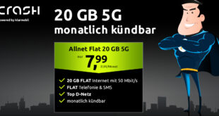 Monatlich kündbar im Vodafone Netz - 20GB 5G Allnet Flat nur 7.99 Euro monatlich - 19.99€ Anschlusspreis