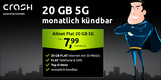 Monatlich kündbar im Vodafone Netz - 20GB 5G Allnet Flat nur 7.99 Euro monatlich - 19.99€ Anschlusspreis