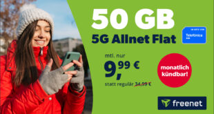 Monatlich kündbar - 50GB 5G Allnet Flat im Telefónica-Netz nur 9.99 Euro monatlich - nur 9.99€ Anschlusspreis