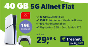 40GB 5G Vodafone Allnet Flat mit Playstation 5 SLIM Disc Edition 1TB & 150€ Bonus für Rufnummermitnahme und 60€ Aktionsguthaben nur 29.99 Euro monatlich