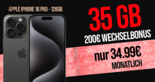 iPhone 16 Pro für einmalig 389 Euro mit 35GB und 200 Euro Wechselbonus bei Rufnummernmitnahme nur 34.99 Euro monatlich