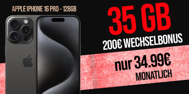 iPhone 16 Pro für einmalig 389 Euro mit 35GB und 200 Euro Wechselbonus bei Rufnummernmitnahme nur 34.99 Euro monatlich