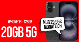 Apple iPhone 16 für einmalig 99 Euro (+AG 39.99€) mit 20GB und 50 Euro Wechselbonus bei Rufnummernmitnahme nur 29.99 Euro monatlich