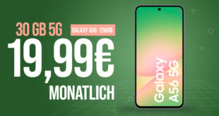 Samsung Galaxy A56 -256GB- mit 30GB und 50 Euro Wechselbonus bei Rufnummernmitnahme nur 19.99 Euro monatlich