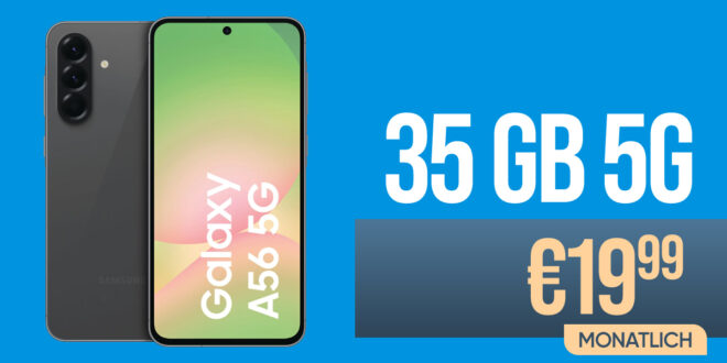 Samsung Galaxy A56 für einmalig 49 Euro mit 35GB 5G und 50 Euro Wechselbonus bei Rufnummernmitnahme nur 19.99 Euro monatlich