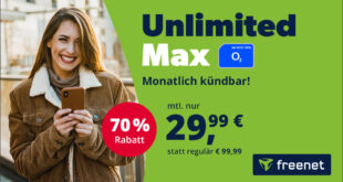 freenet o2 Mobile Unlimited Max (5G bis zu 300 Mbits) für nur 29.99 Euro monatlich - Anschlusspreis 19.99 Euro