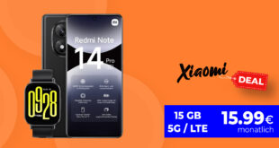 Xiaomi Redmi Note 14 Pro & Redmi Watch 5 Active mit 15GB nur 15.99 Euro monatlich – 25GB nur 16.99€ – kein Anschlusspreis