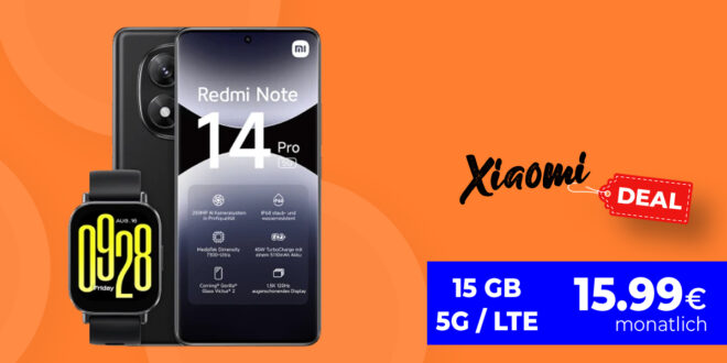 Xiaomi Redmi Note 14 Pro & Redmi Watch 5 Active mit 15GB nur 15.99 Euro monatlich – 25GB nur 16.99€ – kein Anschlusspreis