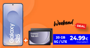 Samsung Galaxy S25 & Galaxy Tab A9+ Wi-Fi für einmalig 29 Euro (+AG 39.99€) mit 20GB und 50 Euro Wechselbonus bei Rufnummernmitnahme nur 24.99 Euro monatlich