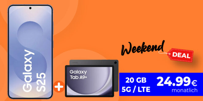 Samsung Galaxy S25 & Galaxy Tab A9+ Wi-Fi für einmalig 29 Euro (+AG 39.99€) mit 20GB und 50 Euro Wechselbonus bei Rufnummernmitnahme nur 24.99 Euro monatlich