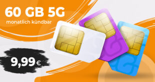 Monatlich kündbar - 60GB 5G Allnet Flatrate nur 9.99 Euro monatlich - 9.99€ Bereitstellungspreis