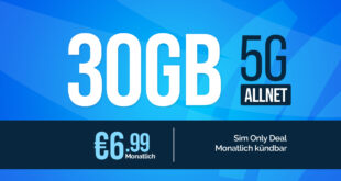 monatlich kündbar im 1&1 Netz - 30GB 5G Allnet Flat nur 6.99 Euro monatlich - 9.99 Euro Bereitstellungspreis