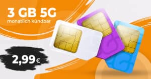 monatlich kündbar im 1&1 Netz – 3GB 5G Allnet Flat nur 2.99 Euro monatlich – 9.99 Euro Bereitstellungspreis