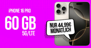 iPhone 16 Pro für einmalig 119 Euro mit 60GB 5G Telekom und 150 Euro Wechselbonus bei Rufnummernmitnahme nur 44.99 Euro monatlich
