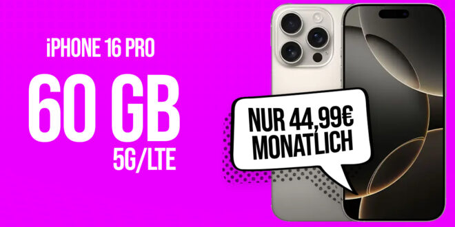 iPhone 16 Pro für einmalig 119 Euro mit 60GB 5G Telekom und 150 Euro Wechselbonus bei Rufnummernmitnahme nur 44.99 Euro monatlich