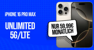 Apple iPhone 16 Pro Max für einmalig 99 Euro (+AG 39.99€) mit unbegrenztem 5G/LTE Datenvolumen (bis zu 300 Mbit/s) nur 59.99 Euro monatlich