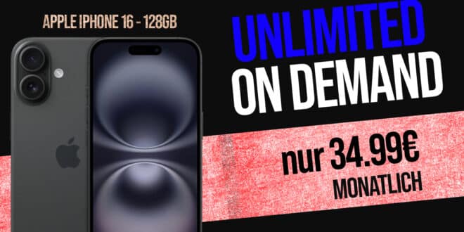 Apple iPhone 16 mit Vertrag - für einmalig 79 Euro mit o2 Mobile Unlimited on Demand und 100 Euro Wechselbonus bei Rufnummernmitnahme nur 34.99 Euro monatlich