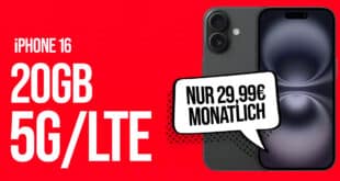 iPhone 16 für einmalig 109.95 Euro mit 20GB Allnet Flat und 100 Euro Wechselbonus nur 29.99 Euro monatlich
