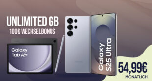 Samsung Galaxy S25 Ultra & Galaxy Tab A9+ Wi-Fi für einmalig 29 Euro (+AG 39.99€) mit unlimited 5G und 100 Euro Wechselbonus bei Rufnummernmitnahme nur 54.99 Euro monatlich