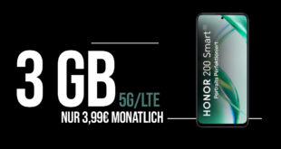 Honor 200 Smart -256GB- für einmalig 1 Euro (+AG 29.99€) mit 3GB nur 3.99 Euro monatlich