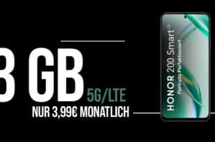 Honor 200 Smart -256GB- für einmalig 1 Euro (+AG 29.99€) mit 3GB nur 3.99 Euro monatlich