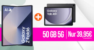 Samsung Galaxy Z Fold6 & Samsung Galaxy Tab A9+ Wi-Fi für einmalig 199 Euro mit 50GB und 50 Euro Wechselbonus bei Rufnummernmitnahme nur 39.95 Euro monatlich