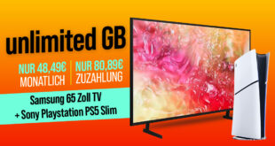 Samsung UHD 65 Zoll TV & PlayStation 5 Digital Slim für einmalig 80.89 Euro mit o2 unlimited Smart (bis zu 15 Mbits im Download) Allnet Flat nur 48.49 Euro monatlich