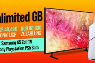 Samsung UHD 65 Zoll TV & PlayStation 5 Digital Slim für einmalig 80.89 Euro mit o2 unlimited Smart (bis zu 15 Mbits im Download) Allnet Flat nur 48.49 Euro monatlich