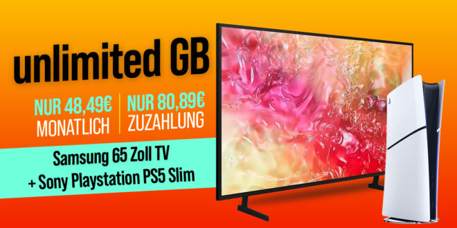 Samsung UHD 65 Zoll TV & PlayStation 5 Digital Slim für einmalig 80.89 Euro mit o2 unlimited Smart (bis zu 15 Mbits im Download) Allnet Flat nur 48.49 Euro monatlich