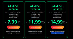 Monatlich kündbar im Vodafone Netz - 20GB nur 7.99 Euro - 50GB nur 11.99 Euro und 100GB nur 14.99 Euro monatlich - Anschlusspreis nur 19.99 Euro